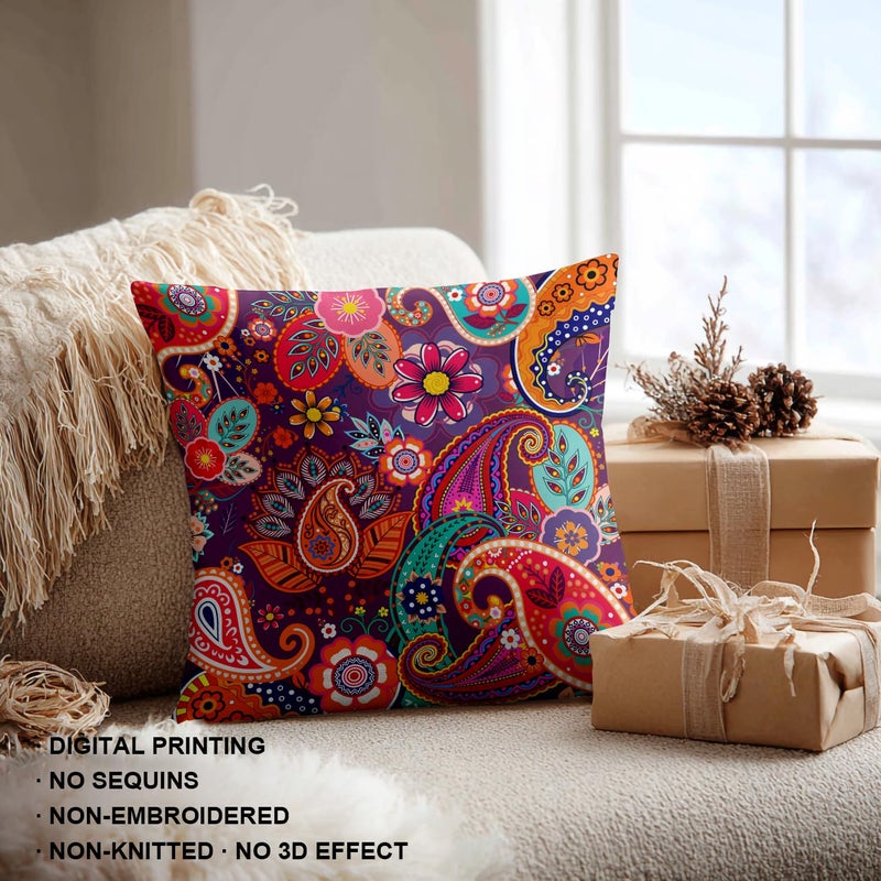 Shrahala Red Paisley Indian Decorative Pillow Covers, Chinese Colorful Flowers Pattern Floral Ethnic Indian Asian Cushion Case Sofa Bedroom Throw Pillow Covers Square 20 x 20 inches Red, Set of 2 - Image 4